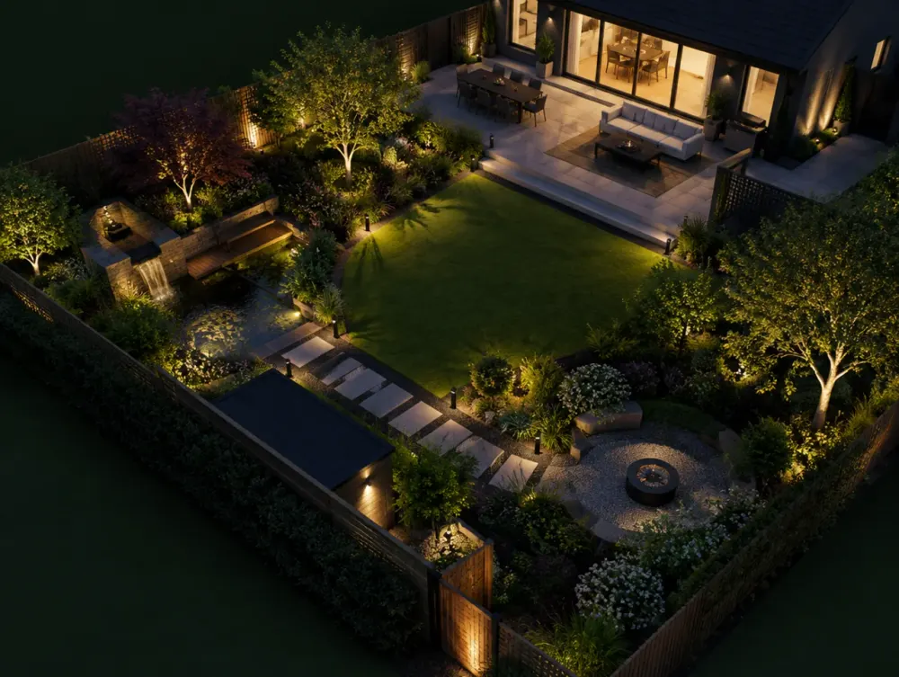 3D render of a garden design showing night lighting