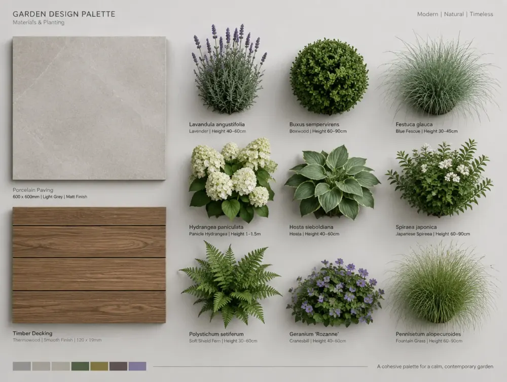 Material and planting palette board for a garden design