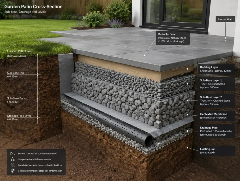 Technical cross-section render of sub-base and drainage layers