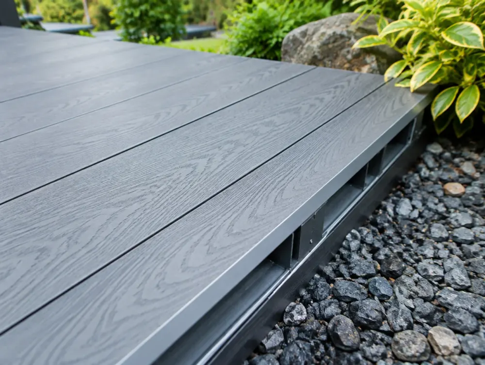Detail of composite decking boards and hidden fixings