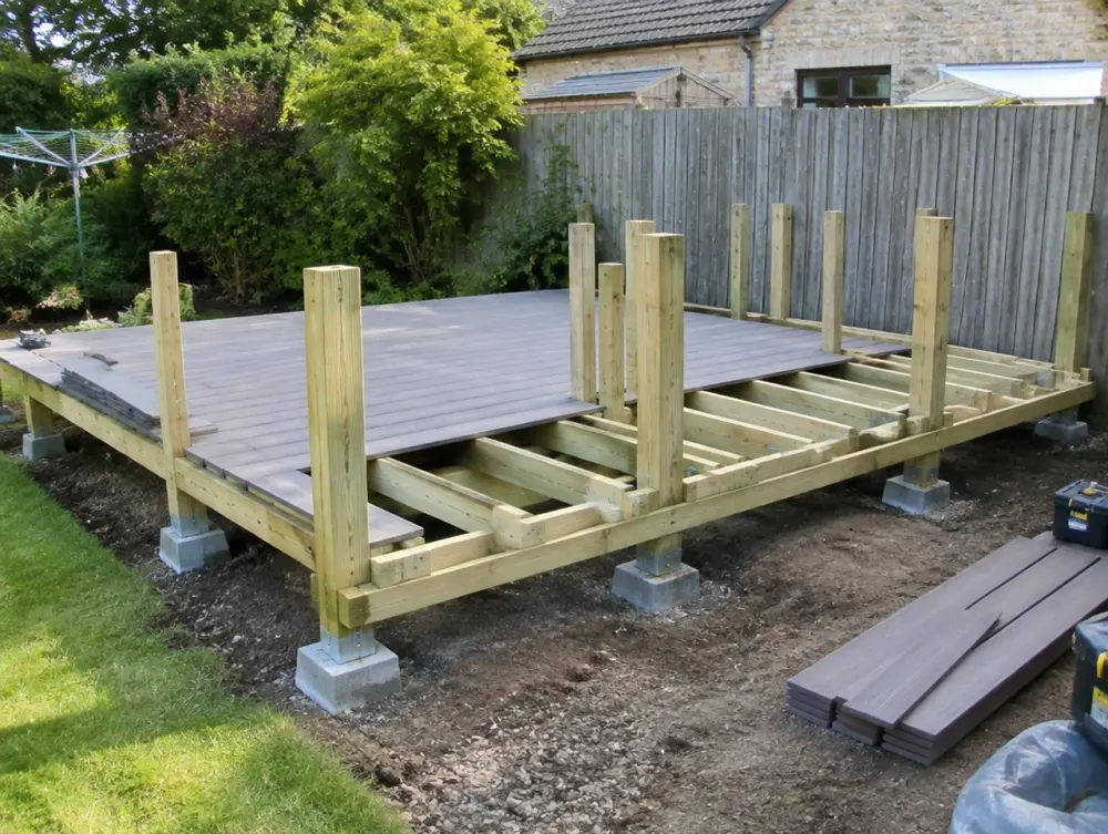 Composite decking sub-frame under construction