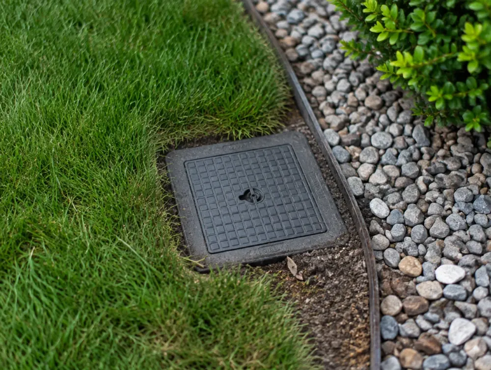 Drainage catch basin inspection cover set into a lawn edge