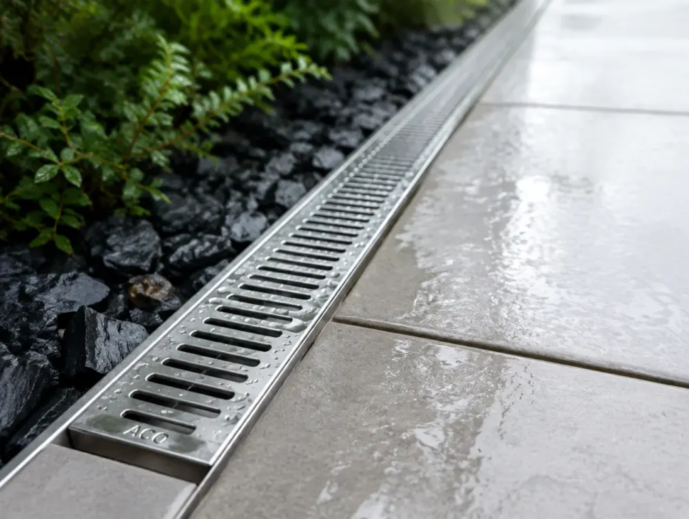 Detail of a slot drain channel embedded in a patio edge
