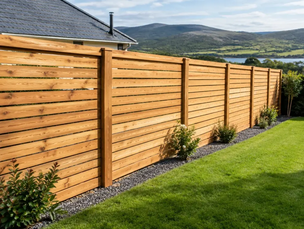 Newly installed horizontal slatted timber fencing