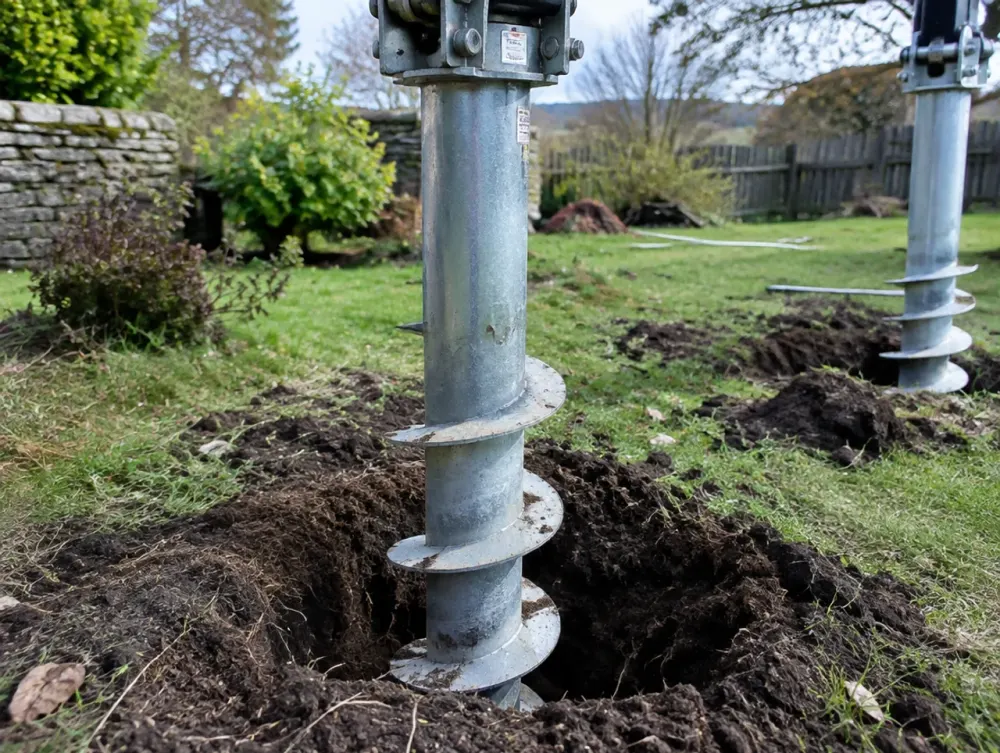 Screw-pile foundations being installed for a garden room