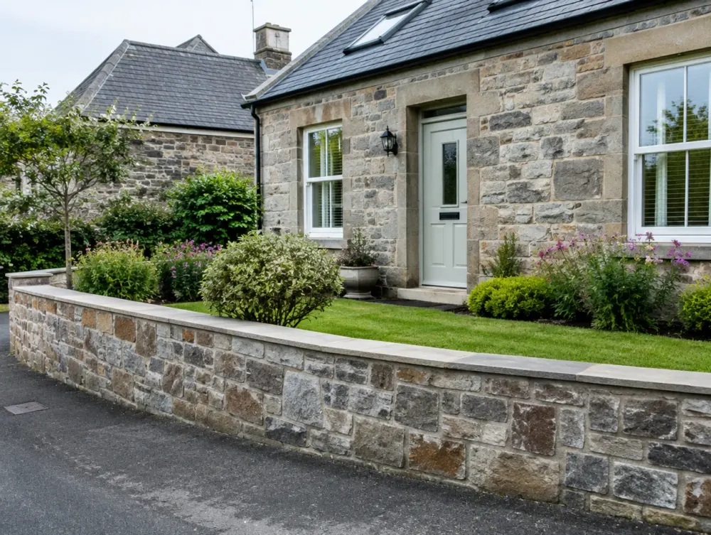 Low garden brick boundary wall matching a house facade