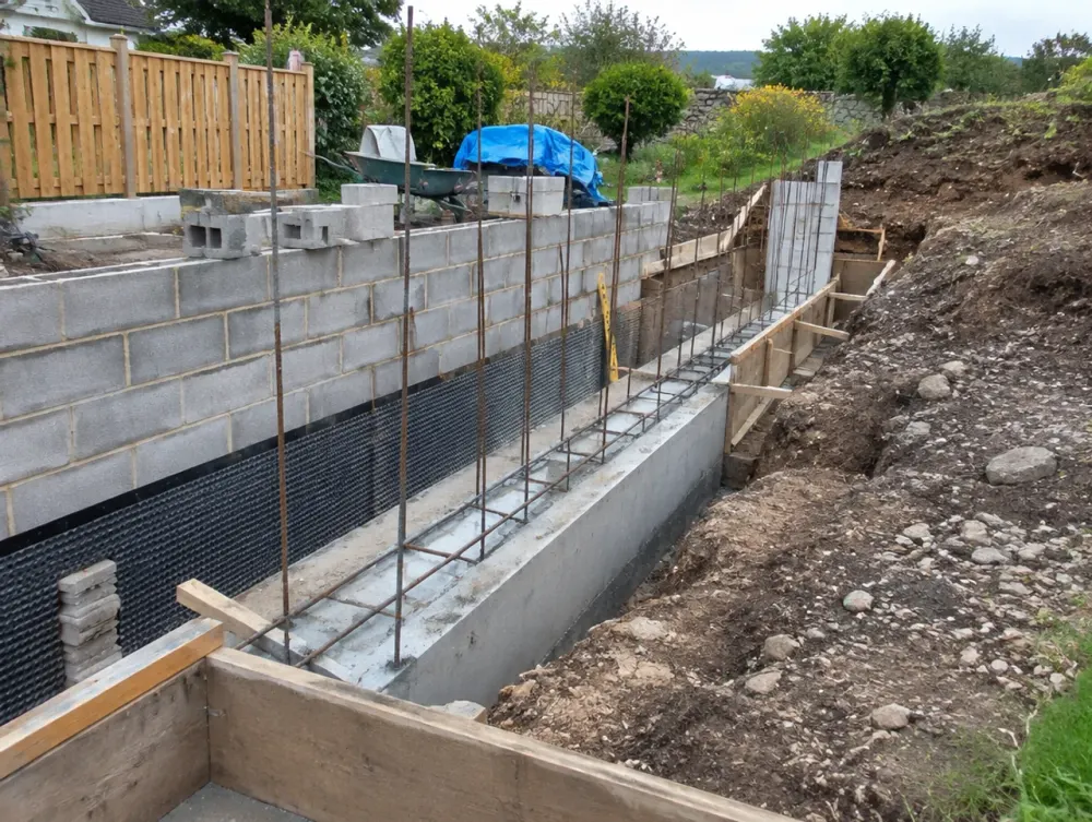 Retaining wall under construction with concrete footing