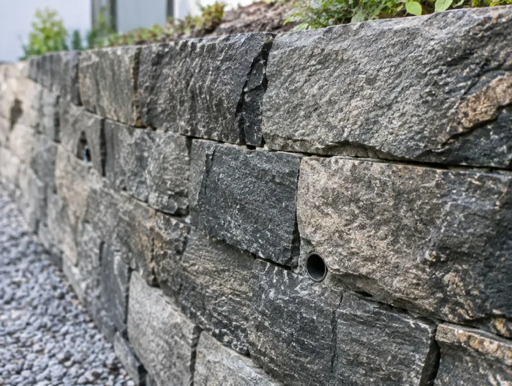 Detail of Scottish whinstone retaining wall with weep holes